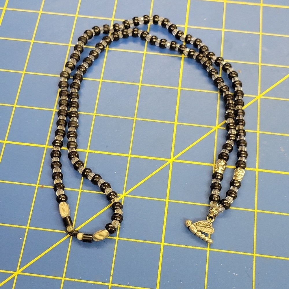 Black & Clear Beaded 36" Necklace w Dragonfly Charm